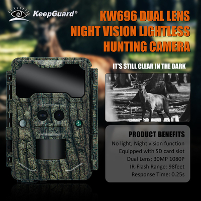 KW696 বহিরঙ্গন শিকার ক্যামেরা ডুয়াল লেন্স 30MP no-glow trail ক্যামেরা 1080p নাইট ভিশন 512G জন্য