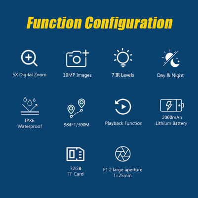 নাইট ভিউয়ের ক্ষমতা • উচ্চ রেজোলিউশনের ডিসপ্লে স্ক্রিন • দীর্ঘ পরিসীমা দৃশ্যমানতা • বহিরঙ্গন ব্যবহারের জন্য উপযুক্ত টেকসই এবং শক্ত নকশা • পরিচালনা করা সহজ নিয়ন্ত্রণ • পুনরায় চার্জযোগ্য ব্যাটারি